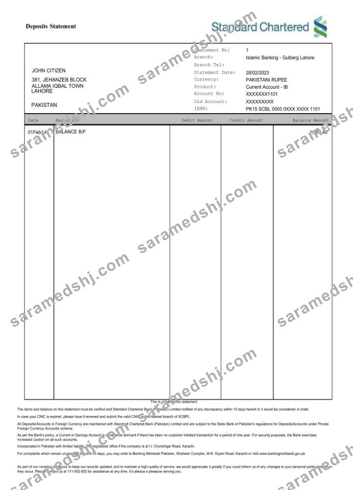 Pakistan Standard Chartered bank statement Word and PDF template scr